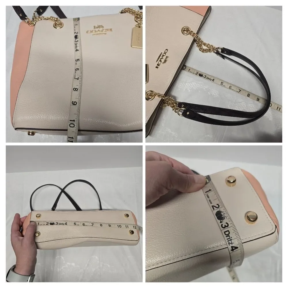 Coach Cammie Chain Tote Shoulder Bag Colorblock Cream Peach Pebbled Leather